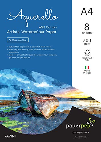 PaperPep Artists' Aquerello 60% Cotton Watercolour Paper 300GSM Cold Pressed A4 Pack of 16 for Watercolour, Gouache, Ink, Acrylic, Wet & Mixed Media, Art Painting, Drawing for Artists' & Amateurs