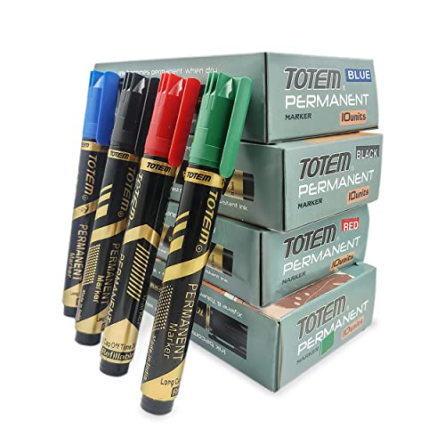 Totem Permanent Markers | 40 Pcs (10 Pcs Blue Ink,10 Pcs Black Ink, 10 Pcs Red Ink, 10 Pcs Green Ink)