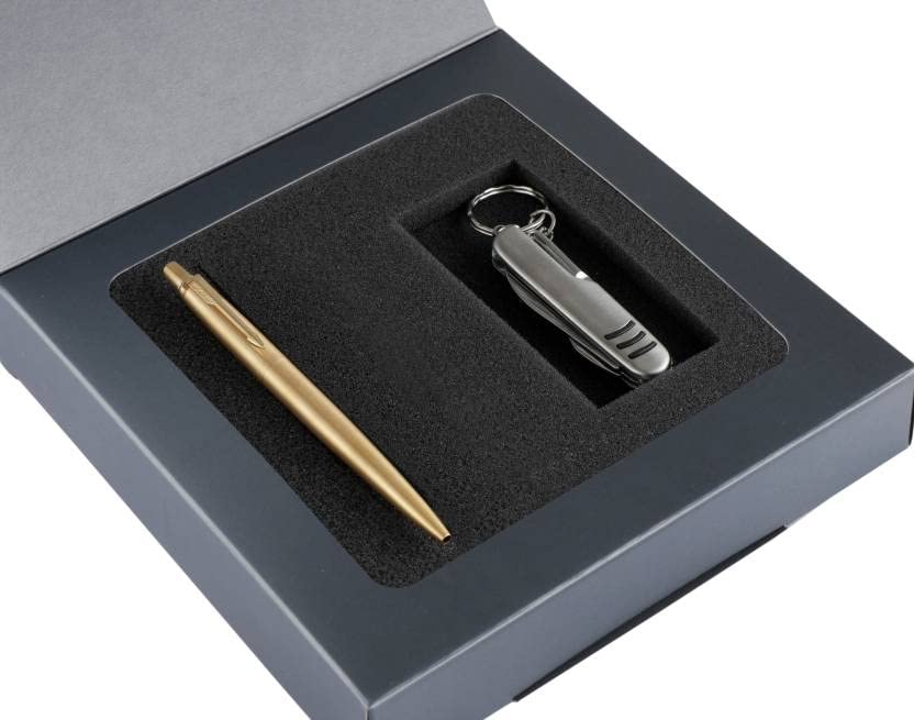 Parker Jotter Gold Ball Pen with Multi-Utility Knife Keychain Pen Gift Set - Blue Ink, Pack Of 1