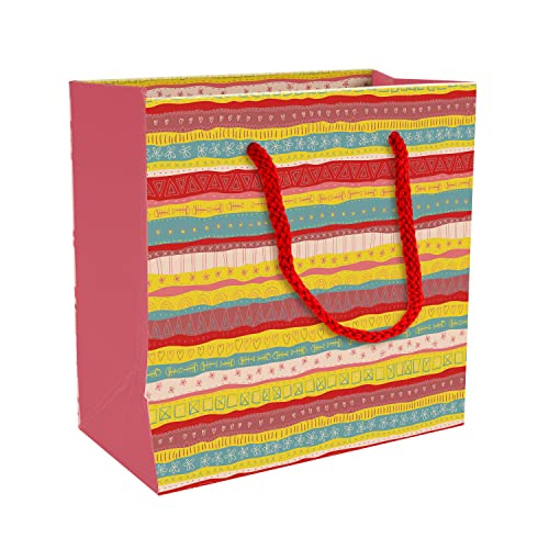 PaperPep Multicolor Festive Print 6"X6"X3" Gift Paper Bag Pack of 12 | Gift Bags for Return Gifts, Presents, Weddings, Birthday, Holiday Presents, Celebrations