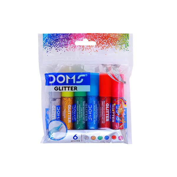 Doms Glitter Tubes 6 Shades Pouch Pack | Pen Shaped Tip for Accuracy | Glitter Flakes That Creates A Sparkling Effect | Ideal for Decorating Greeting Cards, Pots, Paintings & Much More, Pack of 5