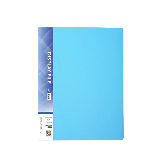 Ondesk Essentials Display Book File | Durable Plastic Document File Folder with 20 Pockets (40 Sheets Capacity) | File for A4 Size Documents | Blue, Pack of 1