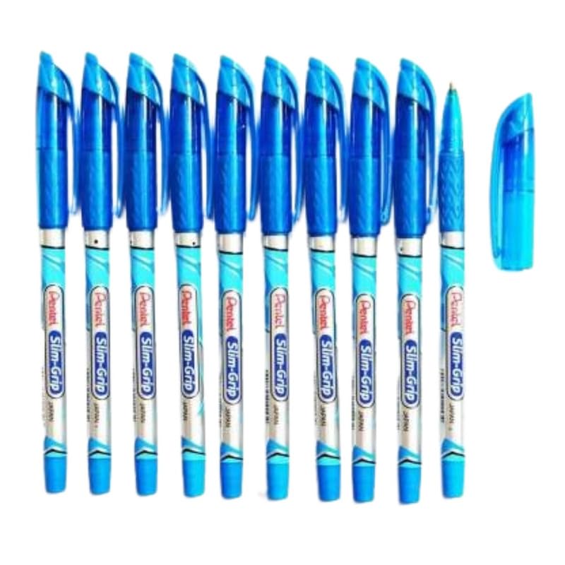 Pentel Slim Grip Ball Pen Box Pack | 0.7 mm Tip Size | refillable smooth writing pen | Textured Grip for Better Hold | Attractive Foiled Body | Blue Ink, Set of 10 Pens