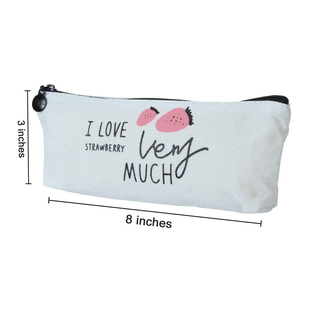Ondesk Essentials White Strawberry Plain Pencil Pouch | Large Pencil Pen Case with Zipper Closure | Student School Supplies | Office Stationery Pen Storage Bag | White Strawberry Plain, Pack Of 1