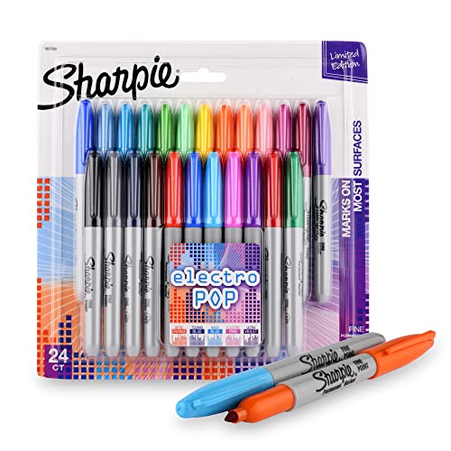 Sharpie Fine Tip Permanent Marker, Electro Pop, Assorted, 24 Markers