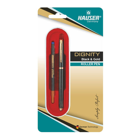 Hauser Dignity Black & Gold Roller Ball Pen Blister Pack - Blue Ink, Pack Of 1