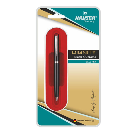 Hauser Dignity Black & Chrome Ball Pen Blister Pack - Blue Ink, Pack Of 1