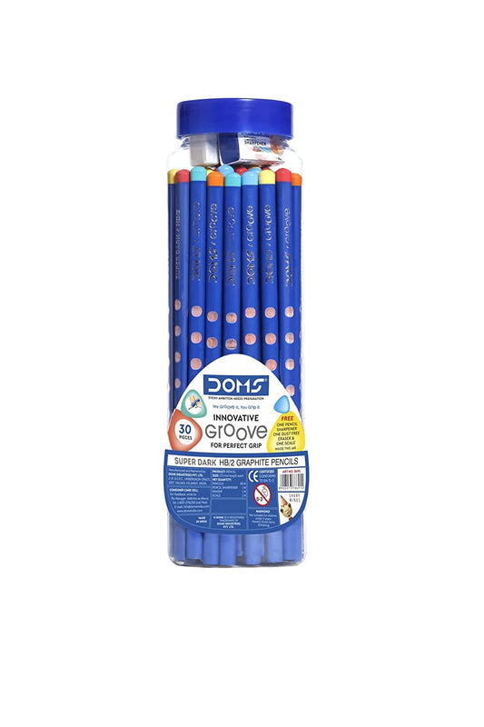 Doms Groove Super Dark HB/2 Graphite Pencils Jar Pack | Innovative Groove For Perfect Grip | Free Pencil, Eraser, Sharpner & Scale | Ideal For Sketching & Drawing | Pack of 30 Pencils