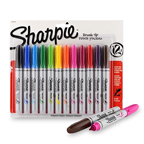 Sharpie Brush Tip Permanent Marker, Assorted, 12 Markers