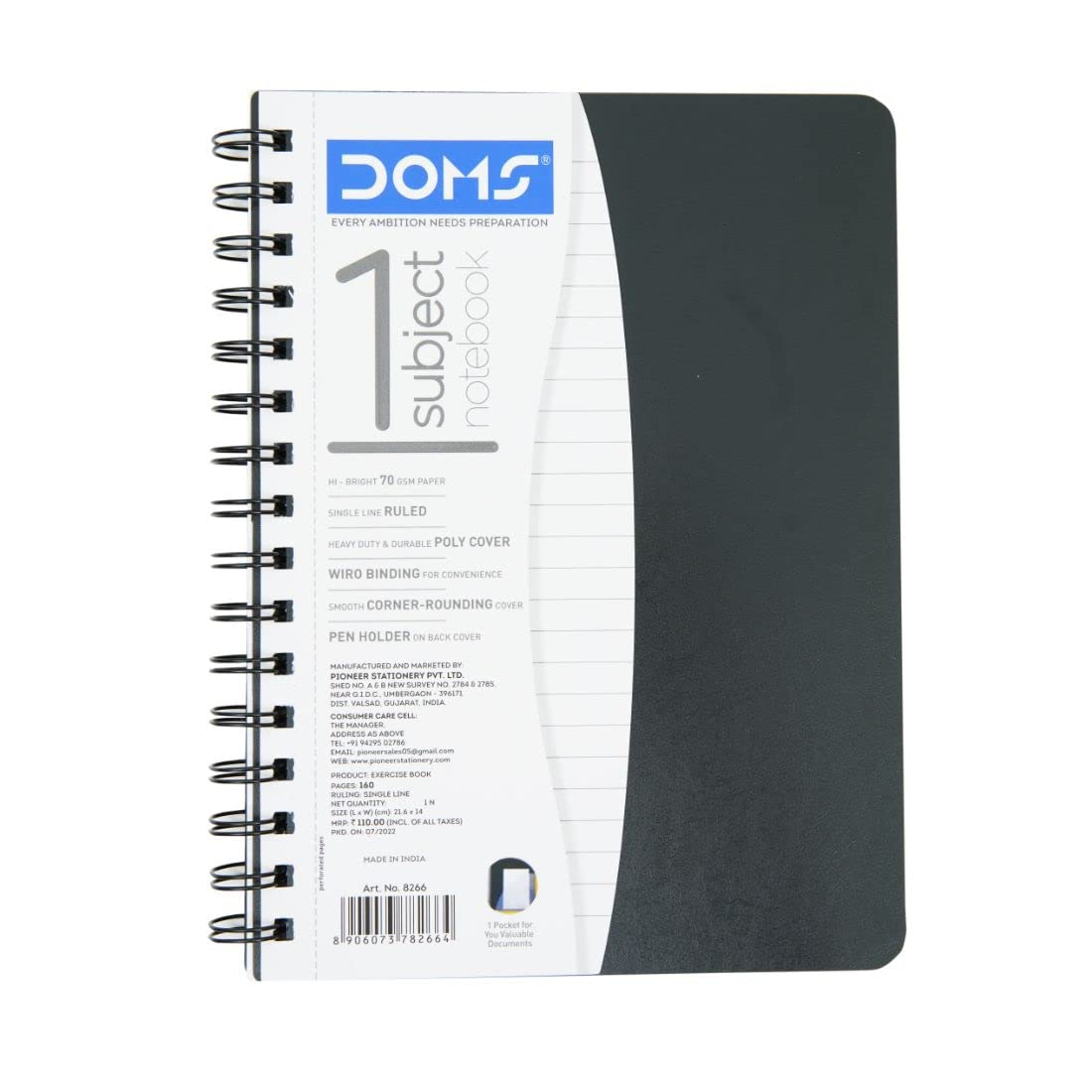 Doms 1 Subject Poly Cover Wiro Notebook | 70 GSM, Single Line, 160 Pages | 21.6 x 14 CM | The Book is Sturdy & Long Lasting | Pack Of 1