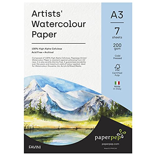 PaperPep Artists' Watercolour Paper 200GSM Cold Pressed A3 Pack of 14 for Watercolour, Gouache, Ink, Acrylic, Wet & Mixed Media, Art Painting, Drawing for Artists' & Amateurs