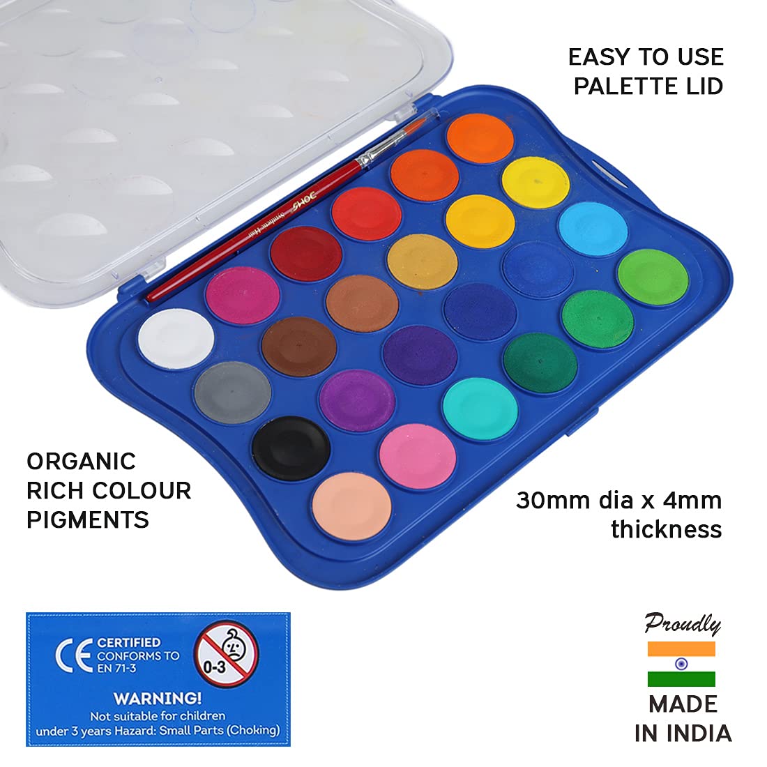 Doms Non-Toxic 30Mm Water Colour Cake Set With Paint Brush - 24 Assorted Shades