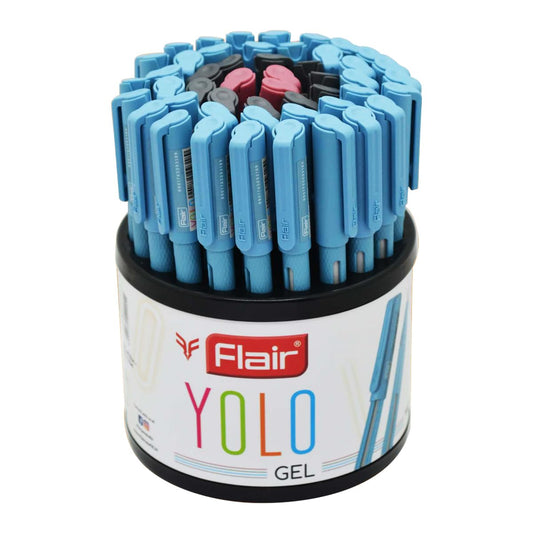 FLAIR Yolo Gel Pen Stand - Waterproof Gel Ink With Stylish Pocketable Clip - Attractive Body Color & Design - Smudge Free & Non-Stop Writing - Blue, Black & Red Ink, Pack of 50 Pens