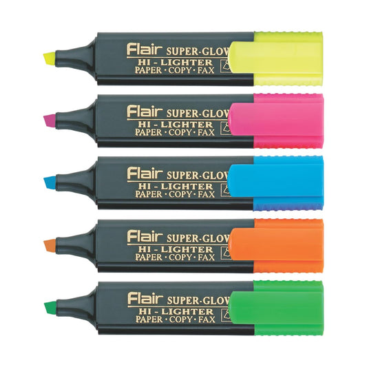 FLAIR Super Glow Color Pens Pouch Pack | Non-Toxic Ink & Safe For Childrens | Ergonomic Grip With Pocket Clip For Comfortable Handling | Pack Of 5