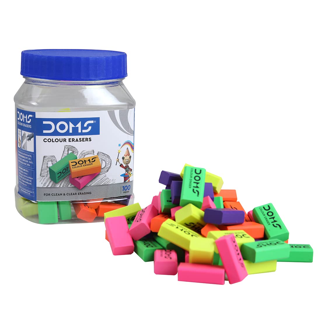 DOMS Non-Toxic Dust Free Coloured Erasers Jar Pack Set (Pack of 100)