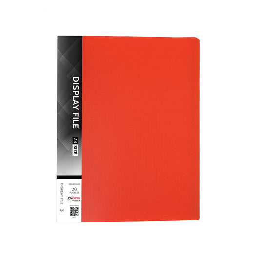 Ondesk Essentials Display Book File | Durable Plastic Document File Folder with 20 Pockets (40 Sheets Capacity) | File for A4 Size Documents | Red, Pack of 1