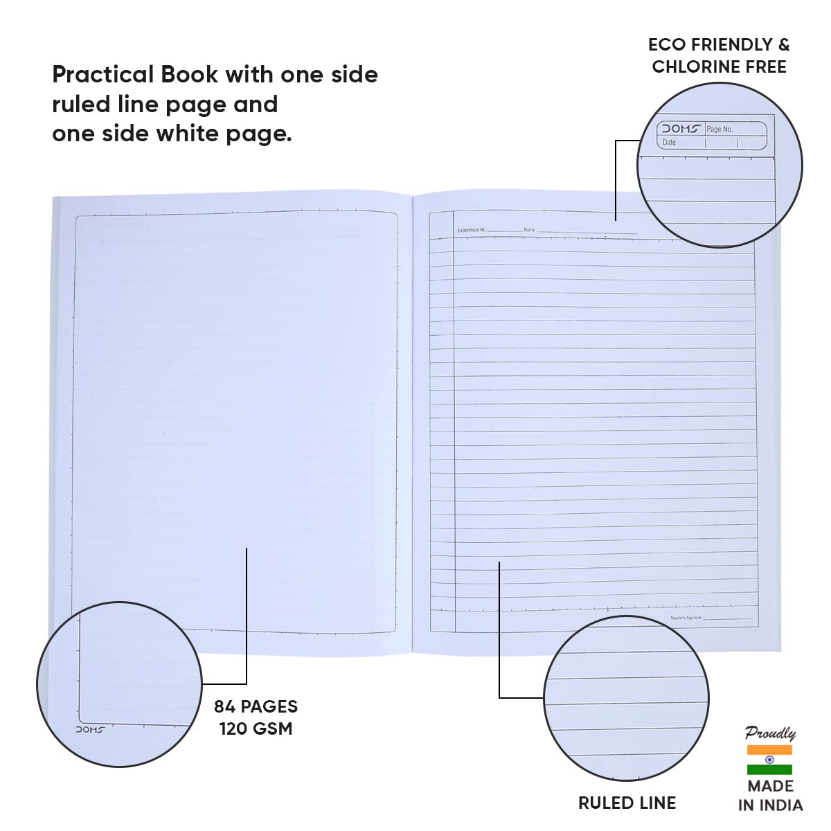 Doms Practical Book | One side Ruled and One Side Plain | 120GSM | 84 Pages | 21.5 x 26.5 cm | Pack of 6