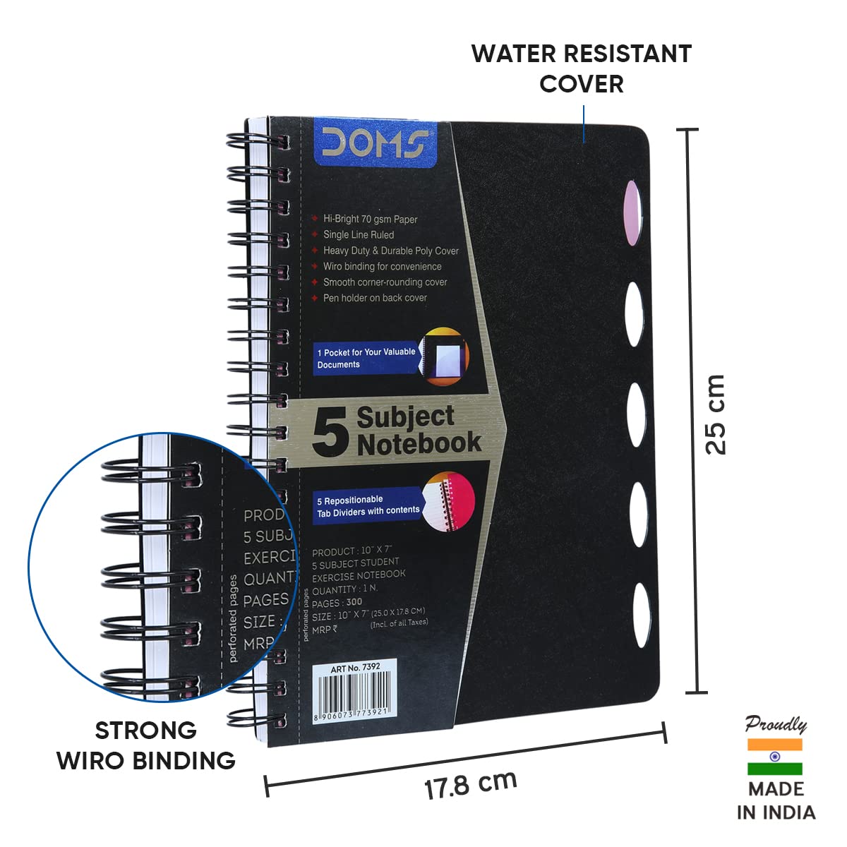 Doms Wiro Binding Notebook | 5 Subject Book | Single Line Ruled | 70GSM | 300 Pages | 25.0 x 17.8 cm | Pack of 1
