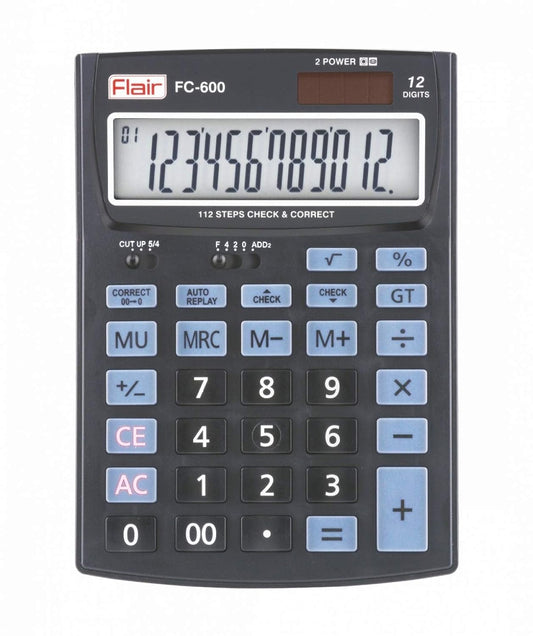 Flair FC-600 Desktop Series Basic Calculator | 12 Digits Calculations with 112 Steps & Correct | Ergonomic Key Design & Dual Power with Solar | Pack of 1