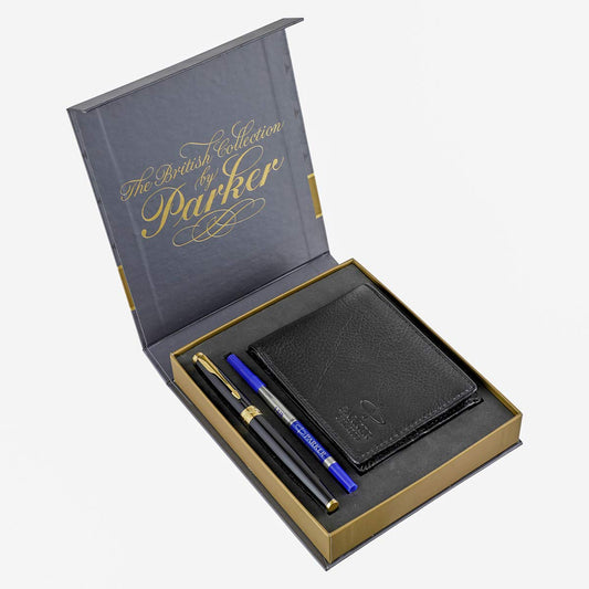 Parker Aster Laque Black Roller Ball Pen with Wallet ( Gold Trim)