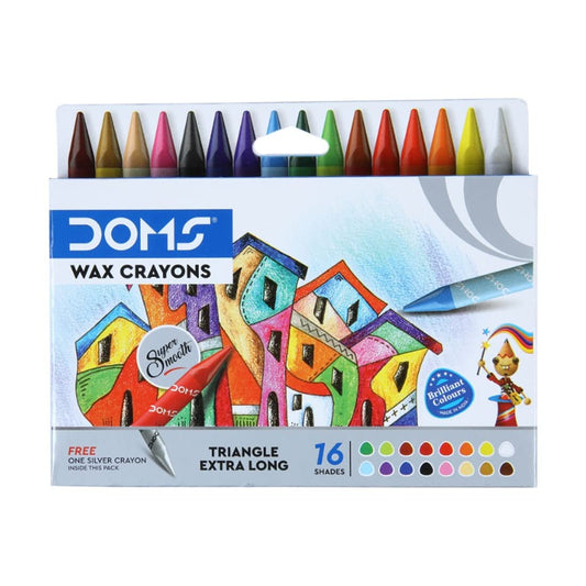 Doms Non- Toxic Triangle Extra Long Wax Crayons Set In Cardboard Box - 16+1 Assorted Shades