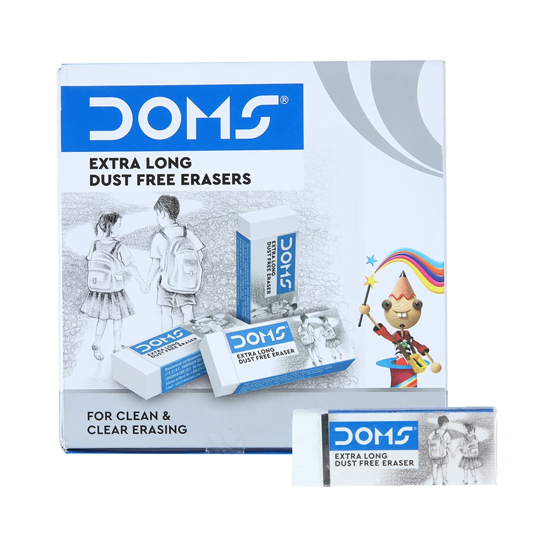 Doms Non-Toxic Dust Free Extra Long Eraser Box Pack | for Clean & Clear Erasing | Stationery Gift Item for Kids & Students | Pack of 20 Pieces