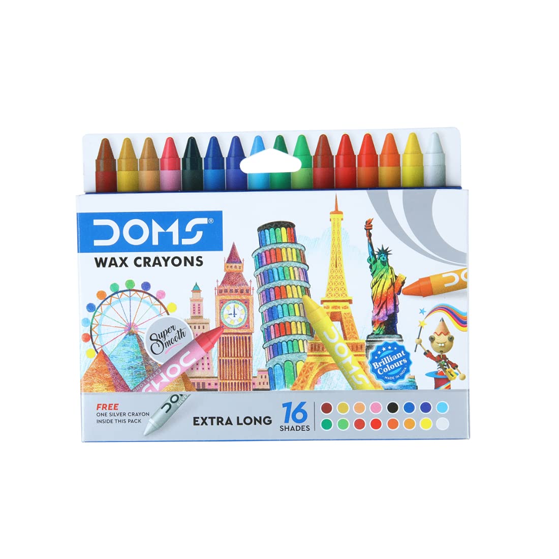 Doms Non-Toxic Extra Long Wax Crayon Set In Cardboard Box - 16 Assorted Shades