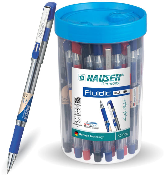 Hauser Fluidic 0.55mm Ball Pen Jar Pack - Blue,Black & Red Ink, Pack of 50