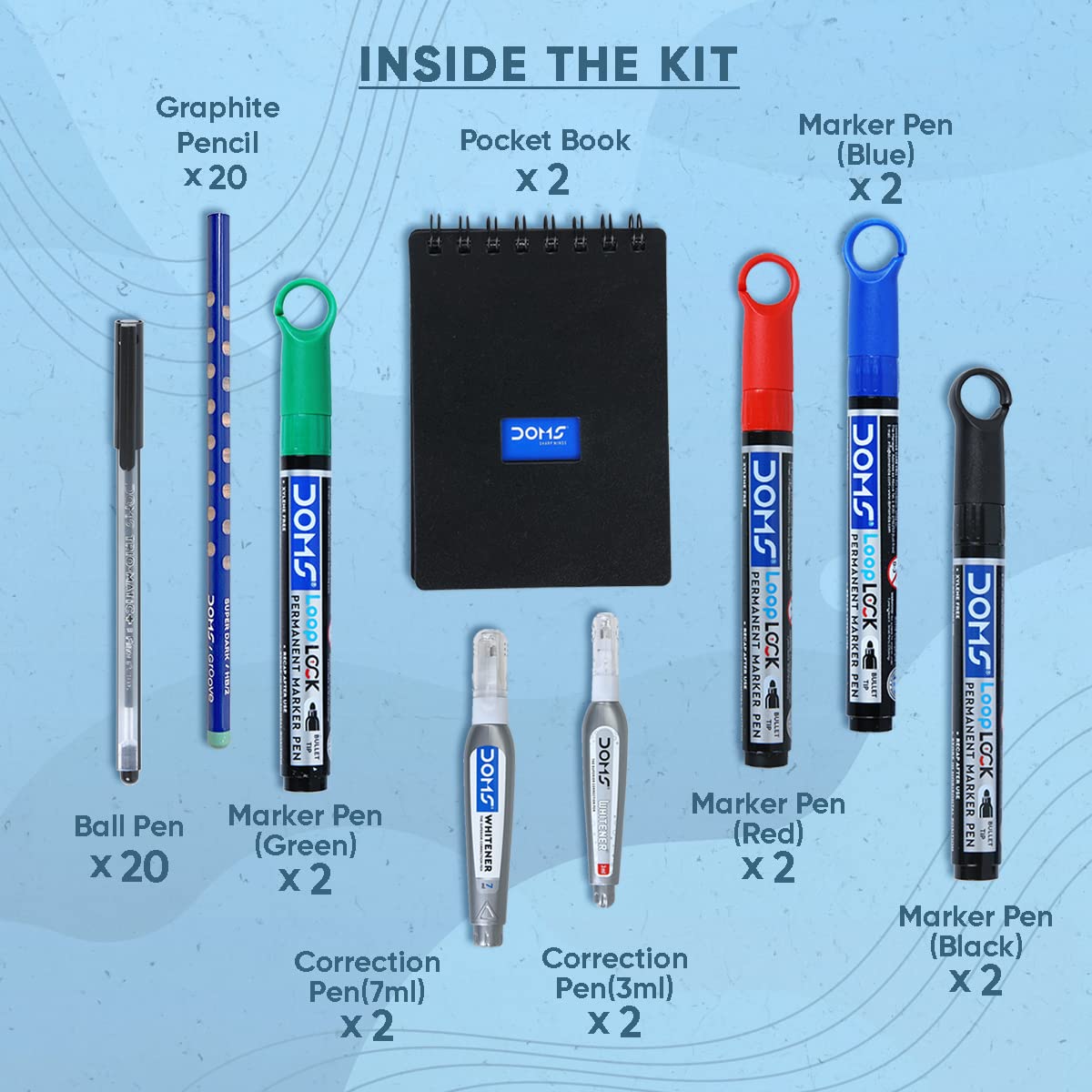 DOMS Office Smart Kit | Best for School, College & Office | 54 Assorted Items | Markers, Ball Pen, Graphite Pencil, Correction Pens, Pocket Dairy | DOMS Stationery | Stationery Items for Office