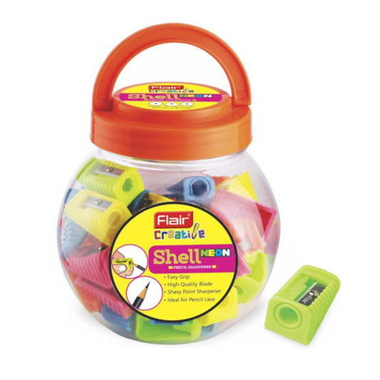 Flair Creative Series Shell Neon Pencil Sharpener Jar Pack - Easy Grip With Sharp Point Sharpening - Single Sharpener For Standard Pencils - Angled Blade With Anti-Rust Coating - Colourful Body, Pack Of 50