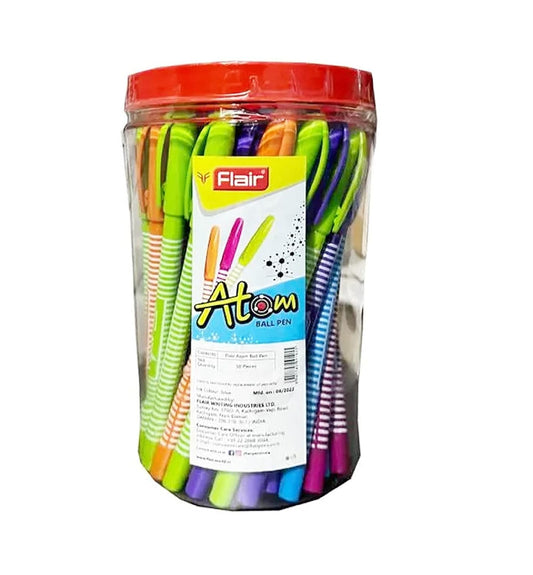 FLAIR Atom Ball Pen Jar Pack - Ergonomic Grip Makes It Easy To Hold - Lightweight & Colorful Body Design - Soft Tip For Flawless & Smooth Writing - Blue Ink, Set Of 50 Ball Pens