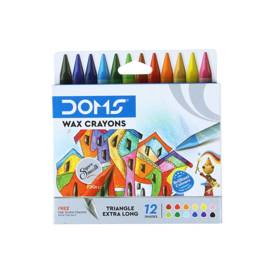 Doms Non- Toxic Triangle Extra Long Wax Crayons Set In Cardboard Box - 12+1 Assorted Shades