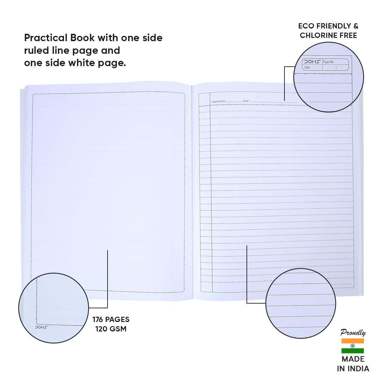 Doms Practical Book | One side Ruled and One Side Plain | 120GSM | 176 Pages | 21.5 x 26.5 cm | Pack of 3