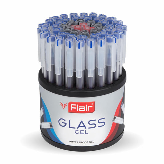 FLAIR Glass 0.6mm Gel Pen Stand | Transparent Glass Design With Soft Rubber Grip | Waterproof Low-Viscosity Ink For Smudge Free Writing | Blue, Black & Red Ink, Pack of 50 Pens