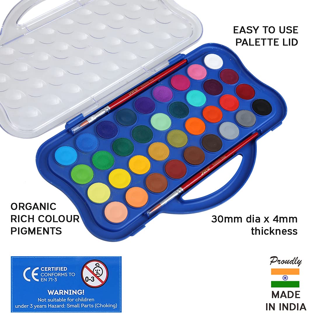 DOMS Non-Toxic 30mm Water Colour Cake Set with 2 Paint Brushes (36 Assorted Shades x 1 Set) (DM7130)