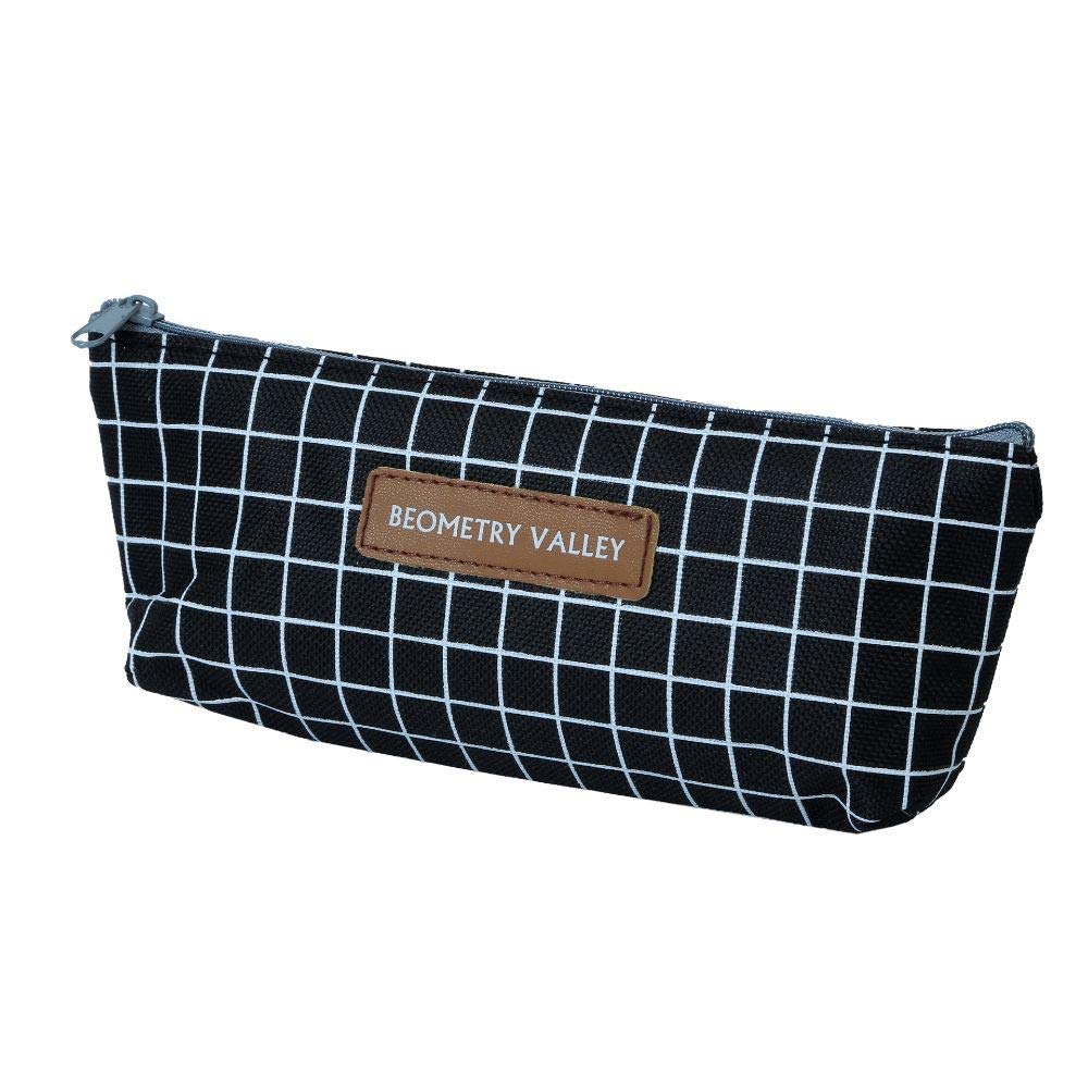 Ondesk Essentials Black Checks Pencil Pouch | Large Pencil Pen Case with Zipper Closure | Student School Supplies | Office Stationery Pen Storage Bag | Black Checks, Pack Of 1