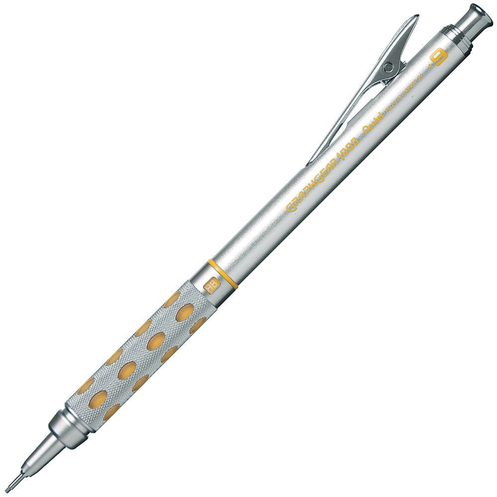 Pentel GraphGear 1000 0.9 MM Mechanical Drafting Pencil | Metal Clip With Retractable Mechanism | Dual Metal & Rubber Grip | Pack Of 1 | Silver & Yellow (PG1019)