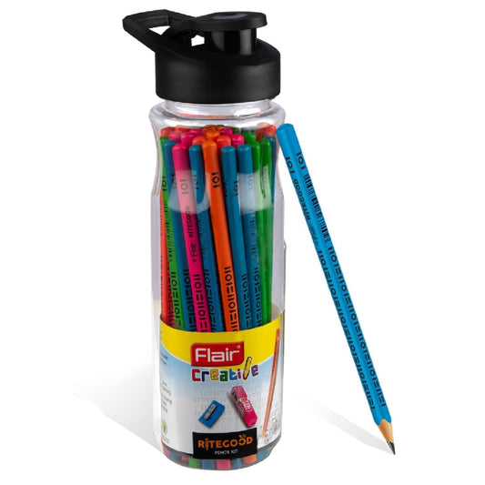 FLAIR Creative Series Ritegood Extra Dark Pencil Kit - Grade 2B - Included Sharpner & Jumbo Dust Free Eraser - For Student & Artists - 40 Pcs Pencils Of Jar Pack