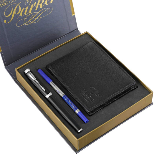 Parker IM Metal Black Roller Ball Pen with wallet (Chrome Trim)