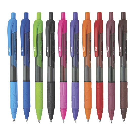 FLAIR V2 Retractable 0.7mm Gel Pen Box Pack - Water Proof, Smudge Free & Refillable Ink For Smooth Writing Experience - Comfortable Grip For Easy Handling - Set of 10 Different Ink Colors, Pack of 2