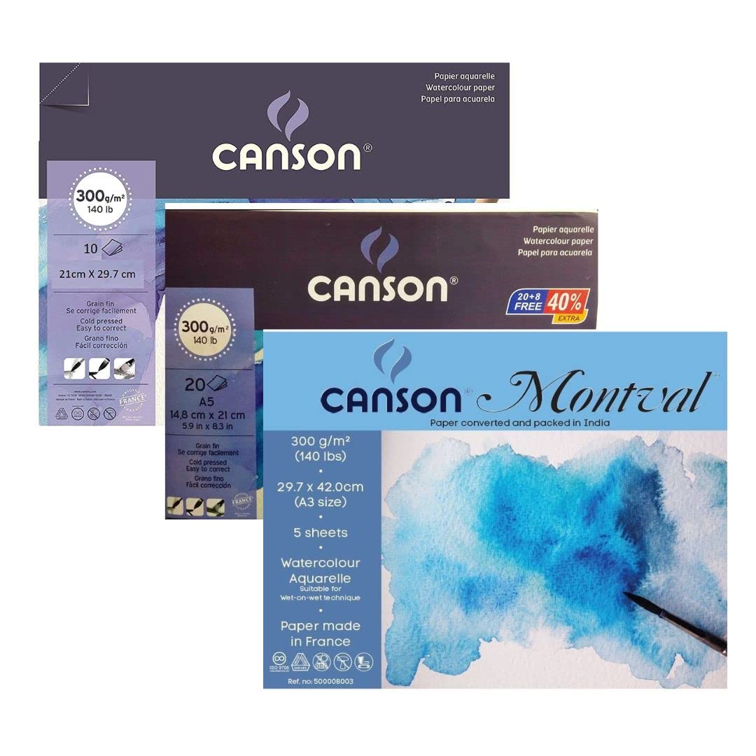 Canson Montval 300 GSM Watercolor Paper Sheets Combo Pack | Fine Grain Cold Pressed Watercolour Paper | Ideal for Studets & Artists | 5 A3 Sheets + 10 A4 Sheets + 20 A5 Sheets