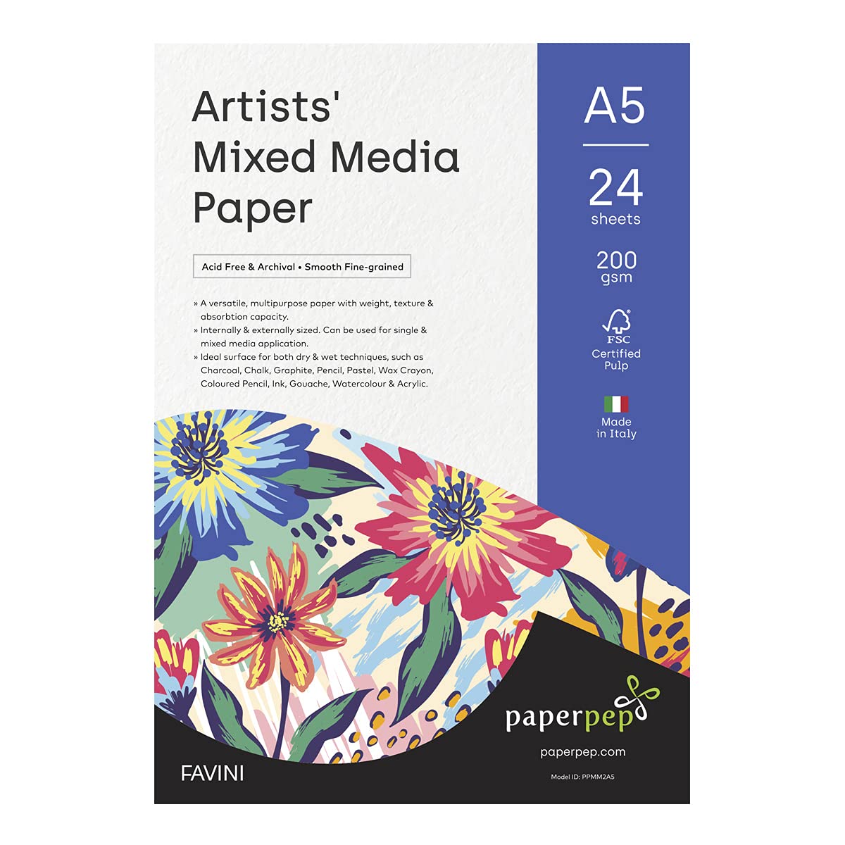 PaperPep Artists' Mixed Media Paper 200GSM A5 Pack of 48 for Charcoal, Chalk, Graphite, Pencil, Pastel, Wax Crayon, Coloured Pencil, Ink, Gouache, Watercolour & Acrylic for Artists' & Amateurs