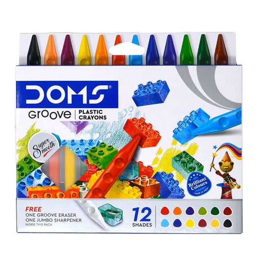 Doms Non-Toxic Groove Plastic Crayons - 12 Assorted Shades