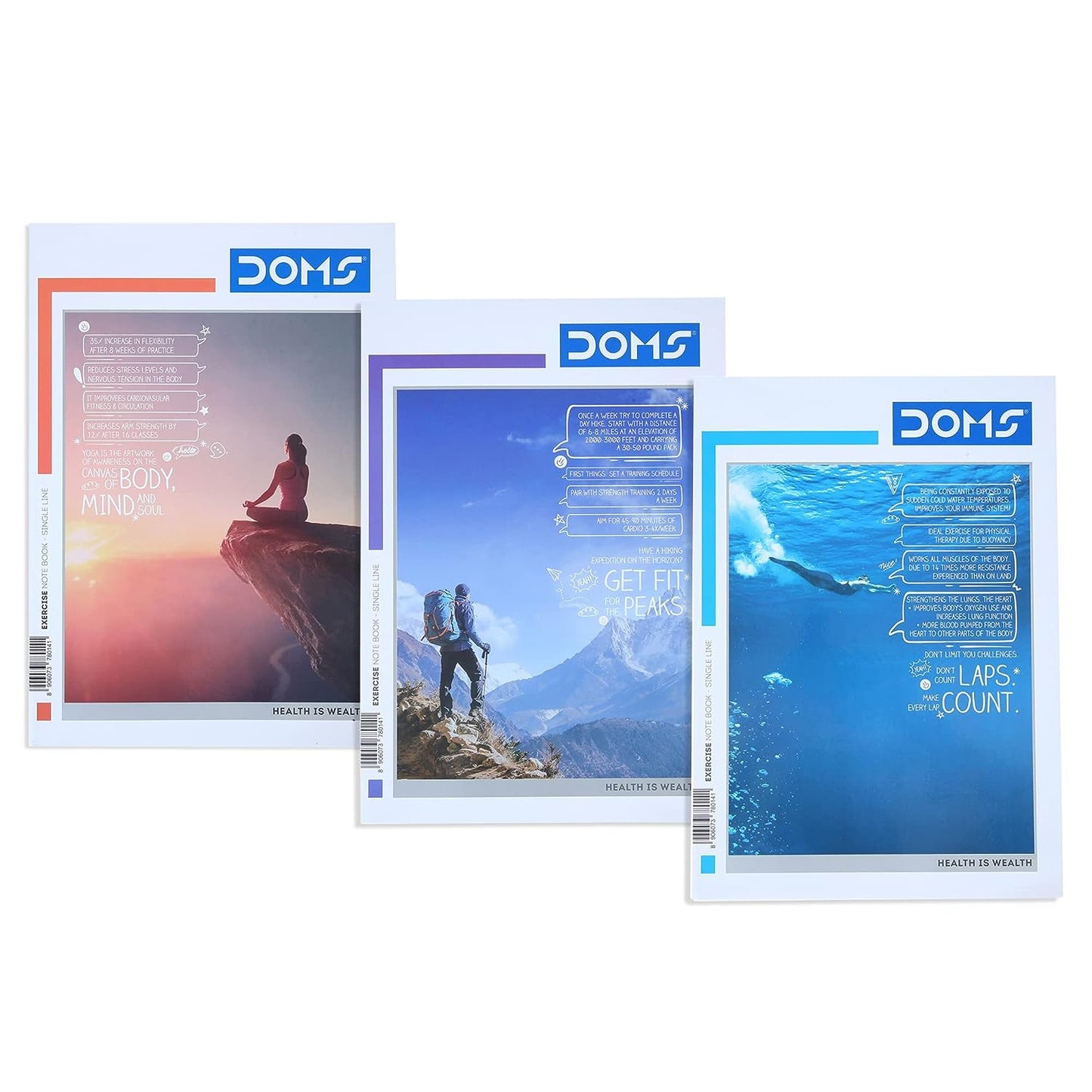 Doms Health Is Wealth Series Notebook | A4 | Single Line | 57GSM | 172 Pages | 21 x 29.7 cm | Pack of 3