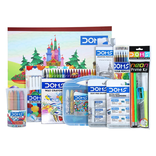 Doms Colouring Smart Kit Mega Gift Pack | Colouring Set for Kids | Best for School, College & Office | 25 Assorted Items | Colour Pencil, Wax Crayons, Sketch Pen, Drawing Book Stationery