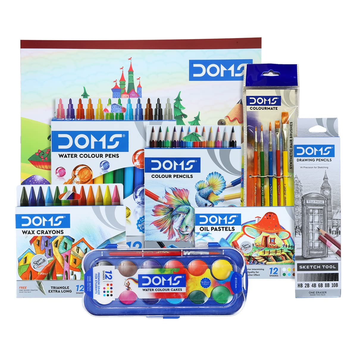 DOMS Painting Smart Kit Mega Gift Pack | Painting Set for Kids | Best for School, College & Office | 12 Assorted Items | Color Pencil, Sketching Pencil, Watercolor, Drawing Book | DOMS Stationery