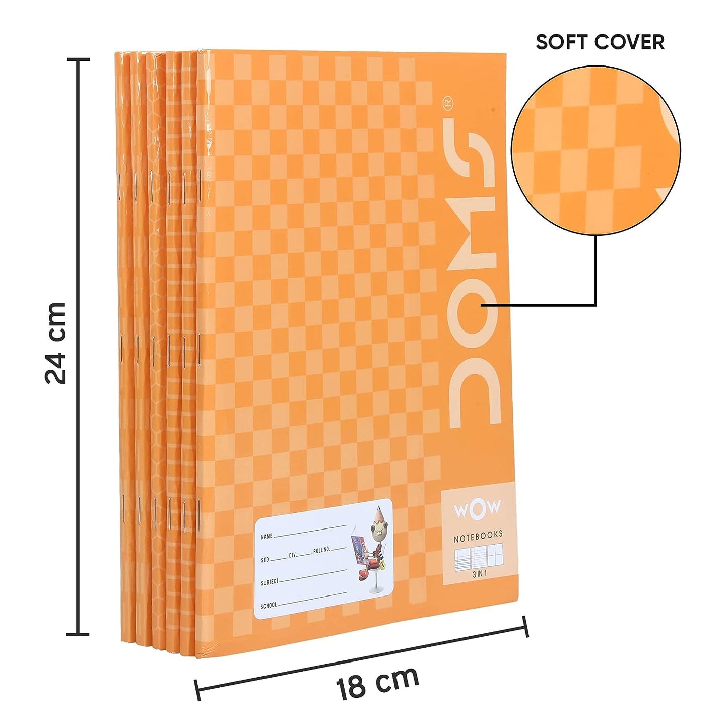 Doms Brown Cover Notebook | 3 In 1 (Dl/Rb/M.Sq) | Ruled | 57GSM | 172 Pages | 18 x 24 cm | Pack of 6