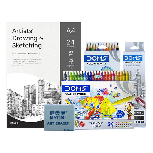 Ondesk Sketching Smart Kit Mega Gift Pack | Best for School & College | 6 Assorted Items | Sketching Pencil, Colour Pencil, Wax Crayon, Eraser, Sketching & Drawing Paper (90 GSM | A4 | Pack of 24)