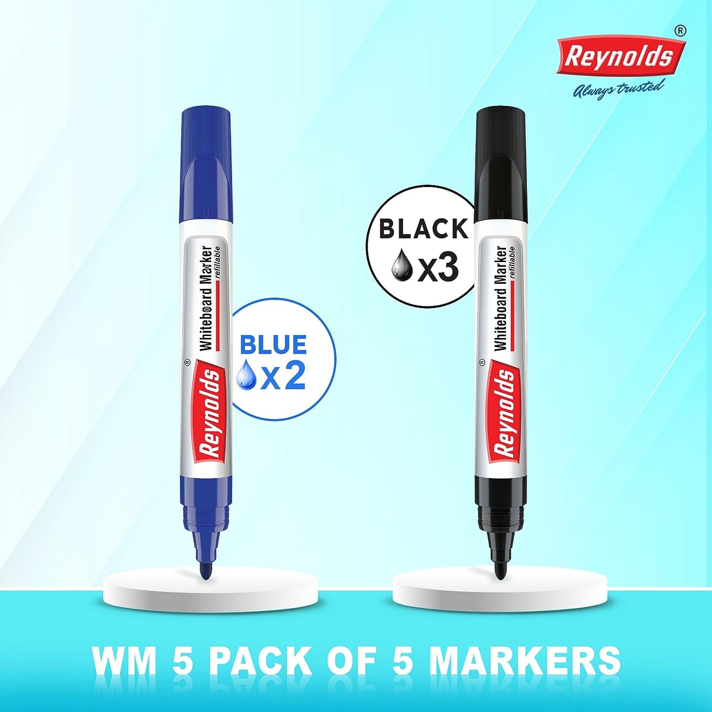 Reynolds  Whiteboard Marker - 2 Blue & 3 Black, Pack of 5