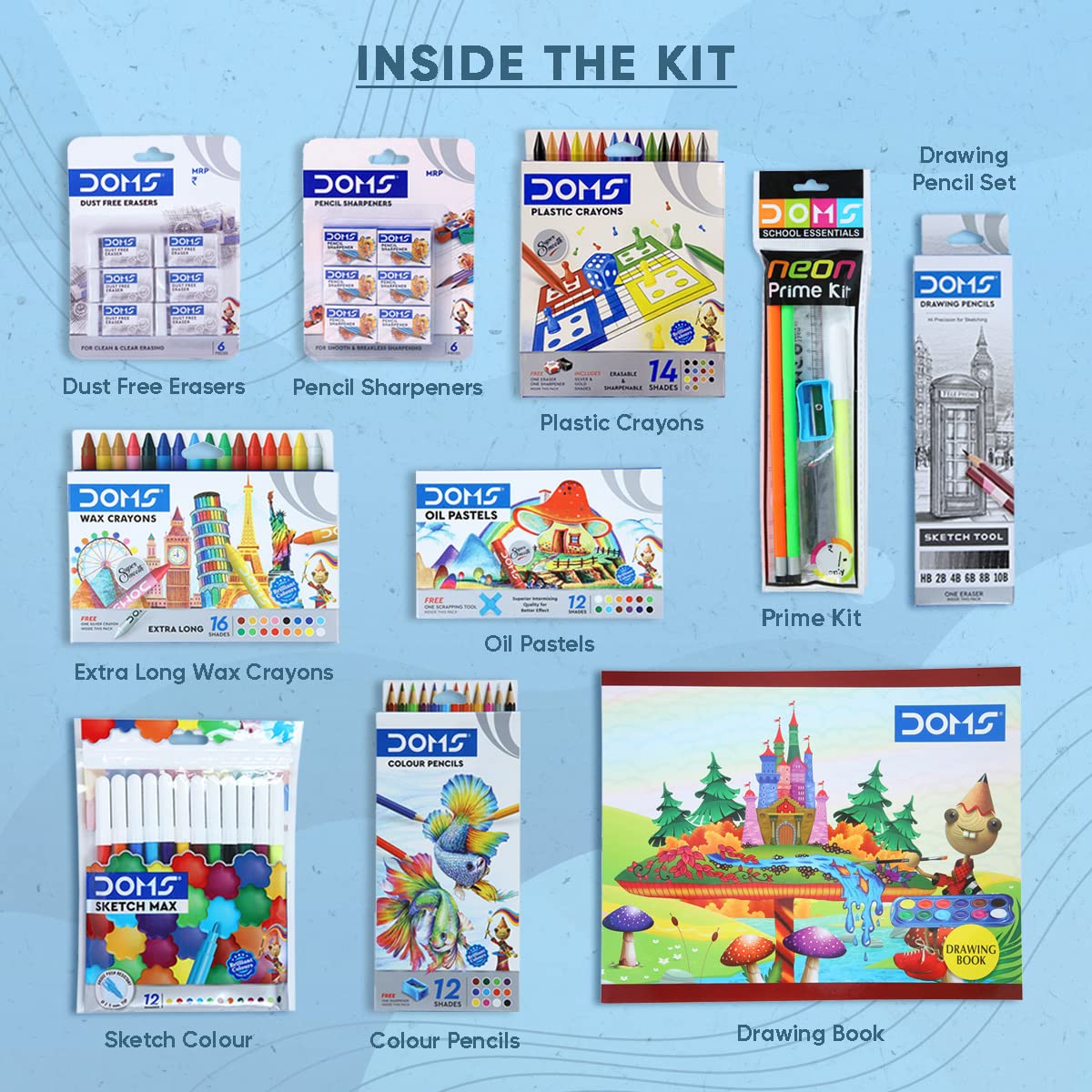 Doms Colouring Smart Kit Mega Gift Pack | Colouring Set for Kids | Best for School, College & Office | 20 Assorted Items | Colour Pencil, Wax Crayons, Sketch Pen, Drawing Book Stationery